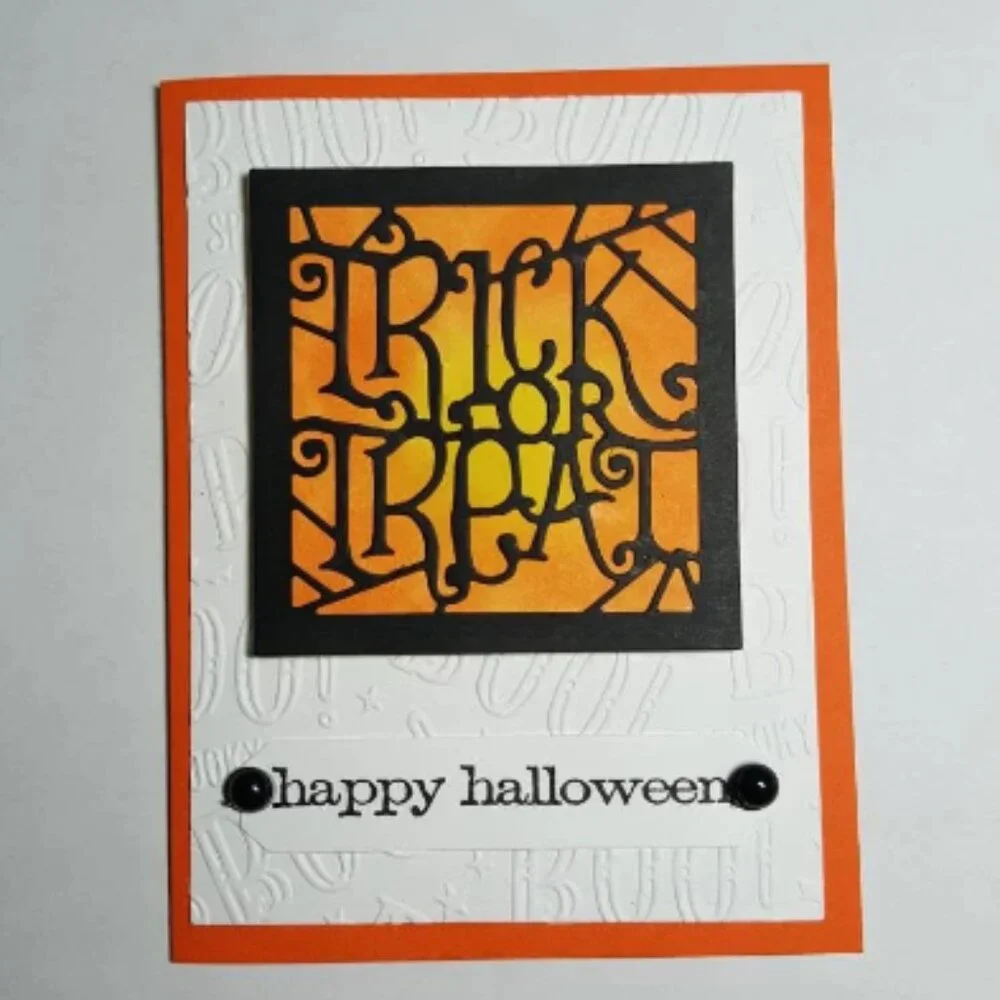 Happy Halloween‎ Note Card - Orange, Black, & White w/Die Cut & Stamp Pic w/Env